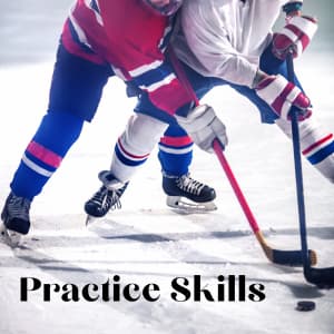 Photo fo two ice hockey players fighting for the puck with both sticks.  Text states "Practice skills"