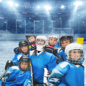 Group of ice hockey kids gathering in front of ice hockey rink 