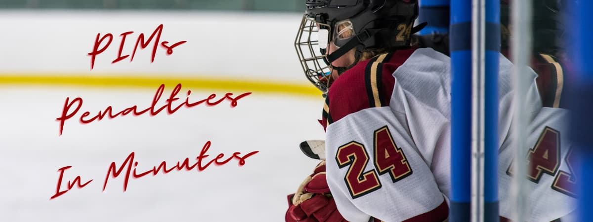 text reads as PIMs, Penalties in Minutes.  Picture of a youth Ice Hockey Player leaning out of the Penalty Box