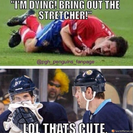 Meme with soccer play on the field stating "I'm dying! Bring out the stretcher". Ice Hockey picture, "LOL That's Cute"