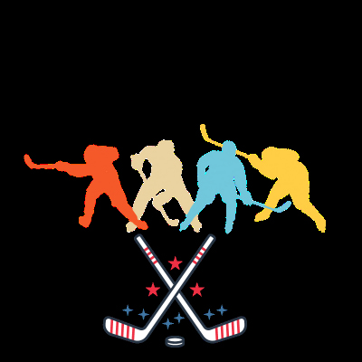 drawing of four hockey players and crossed ice hockey sticks.  Text states Gear Guru Dad