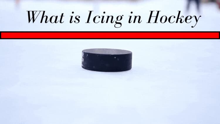 What is Icing in Hockey.   Text with red line under text.  Puck pictured below the red line on ice