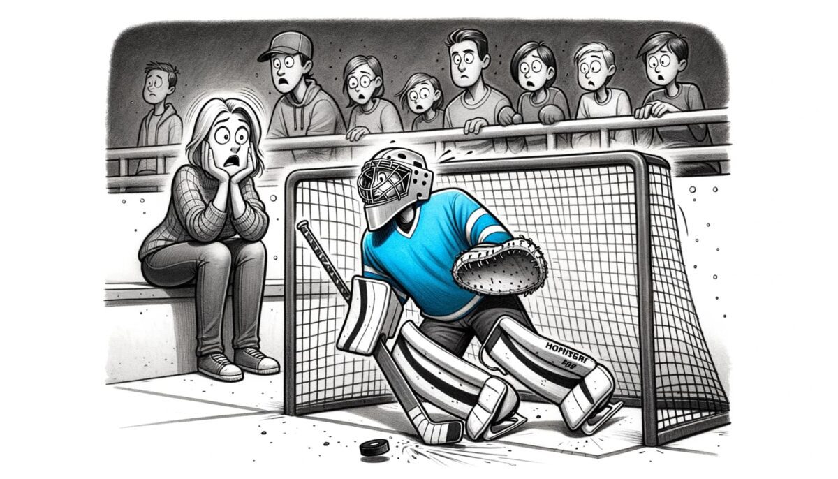 Life as a Goalie Parent at the end of the rink with Goalie Mom worrying as she watches her goalie son