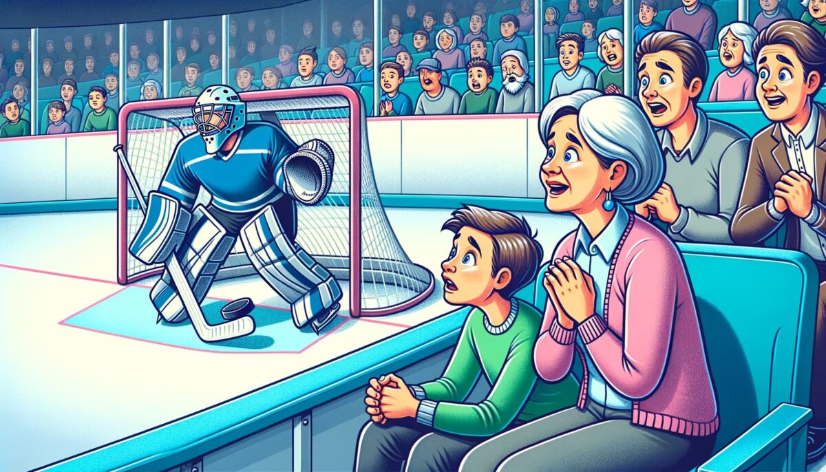 cartoon of family gaolie parents hoping for a save as they watch their goalie child