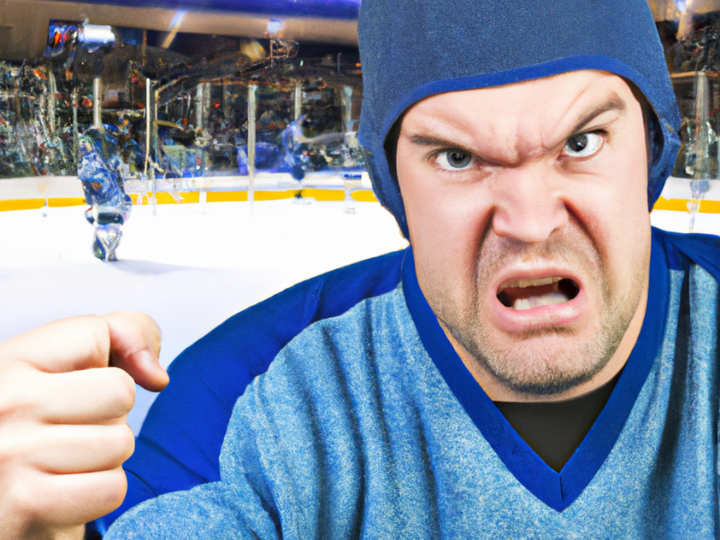 Competitive hockey father in blue jersey and blue hat