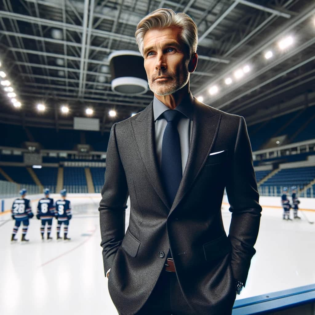 Photo of an older Caucasian male ice hockey coach with distinguished light hair wearing a tailored dark gray suit hands in his pockets looking out