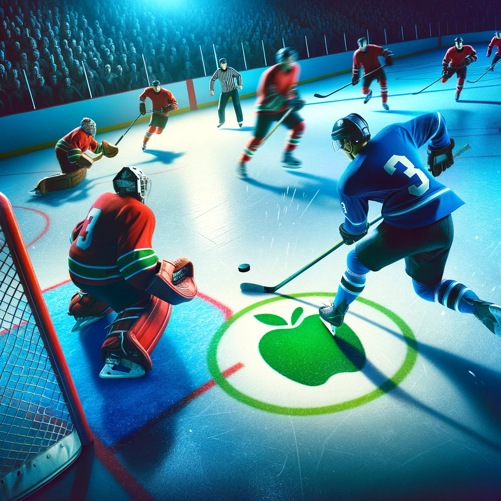 illustration capturing the excitement of an ice hockey game! It depicts a top-down view of the rink, with one player in blue passing the puck to their teammate near the net, poised to take a shot. The player making the pass is marked with an apple symbol, indicating they're earning a primary assist. The opposing team is in red, creating a striking contrast