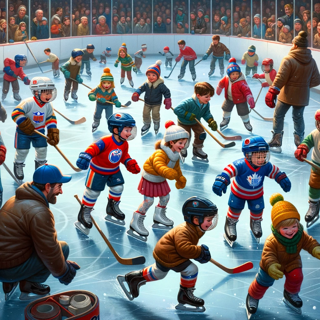 DALL·E 2023 12 02 15.54.59 A lively scene of children learning to skate on an ice rink each adorned in colorful hockey gear. A coach is present offering guidance and support.