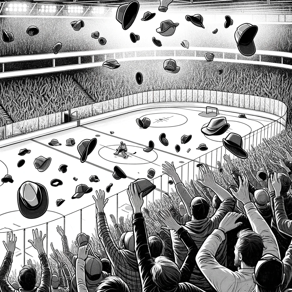 DALL·E 2023 12 04 21.29.14 An illustration showing a lively and joyous scene at an ice hockey game capturing the moment when fans celebrate a hat trick by throwing their hats o