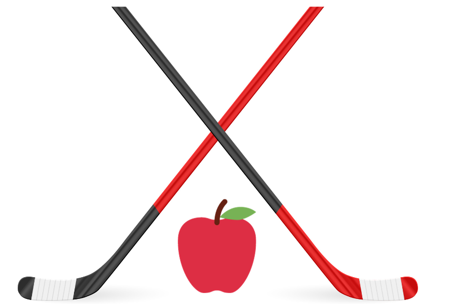 one black and one red stick and an apple