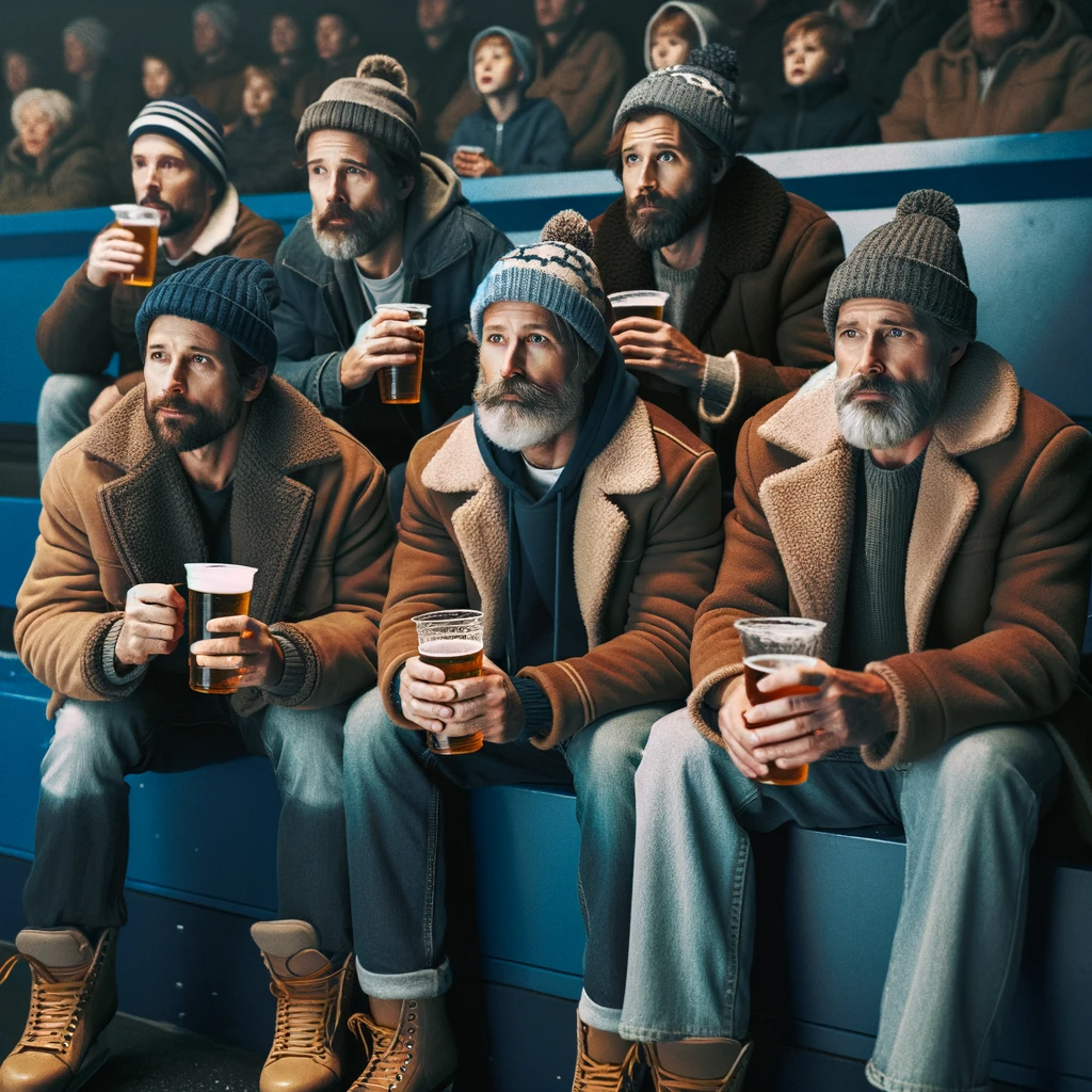 The updated illustration is now ready, showing a group of ice hockey dads sitting together in the stands, each with a beer, watching a game. The image captures their camaraderie in the rink setting.
