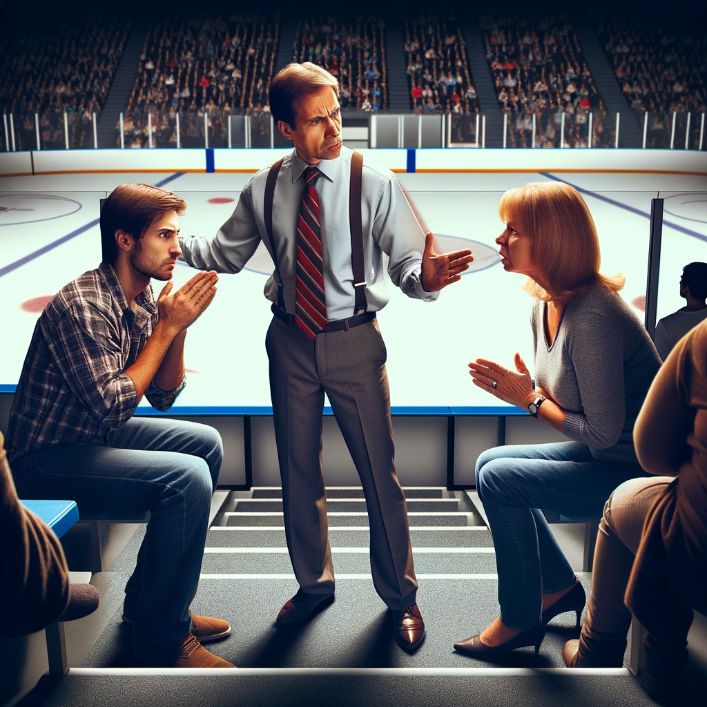 The image depicting a man attempting to deescalate an aggressive situation between parents in the ice hockey stands is now ready. He is shown speaking calmly and using pacifying gestures to address the tension.