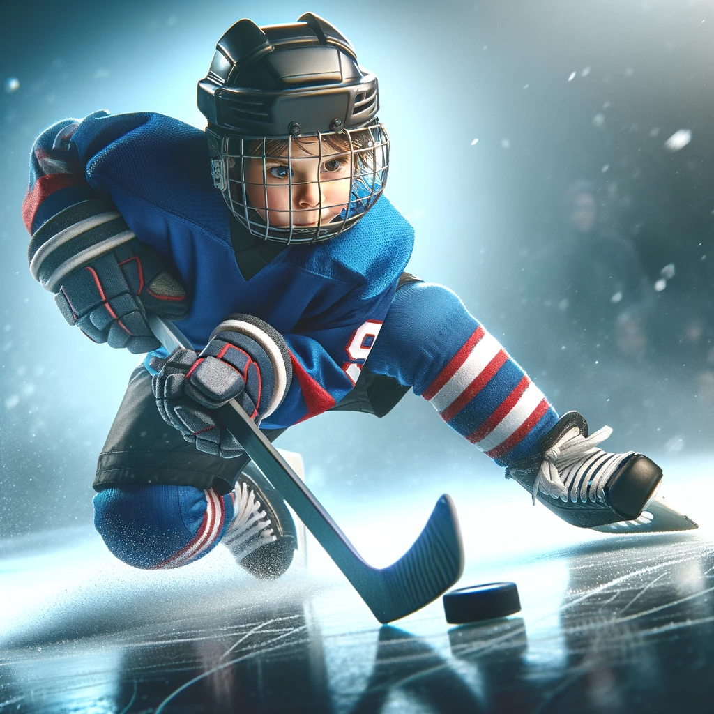 The image of a young ice hockey player giving his absolute best on the ice is now available. He is shown in full gear, focused and determined, embodying the spirit of youth sports.