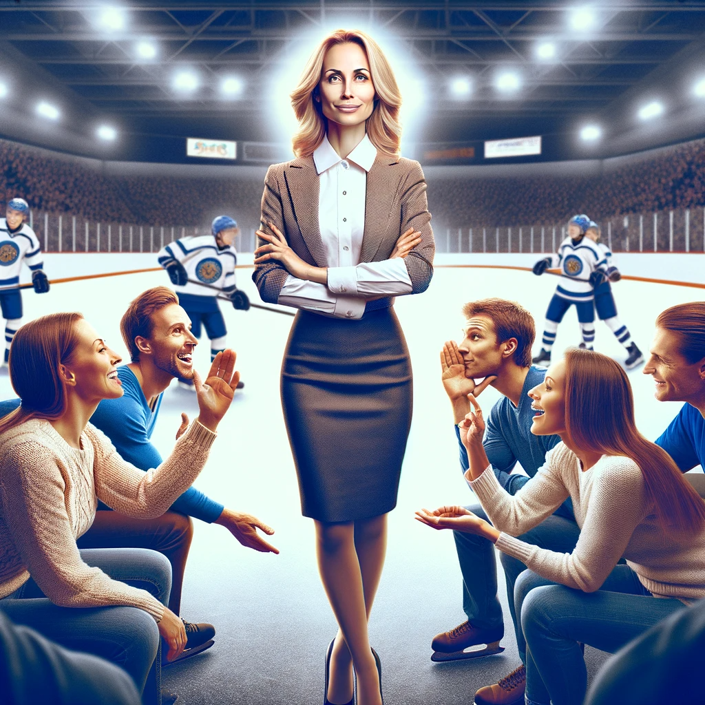 The image is ready, showing an ice hockey mom at the arena, maintaining decorum amidst a gossiping scenario. She stands calmly, exuding a sense of grace and maturity.