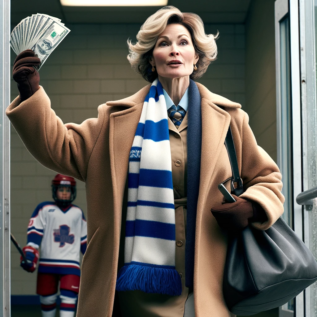 The image of an ice hockey mom walking out of the arena, waving cash in her hand, is ready. She's dressed in typical hockey mom attire and has a determined look on her face, conveying a sense of decisiveness and empowerment.




