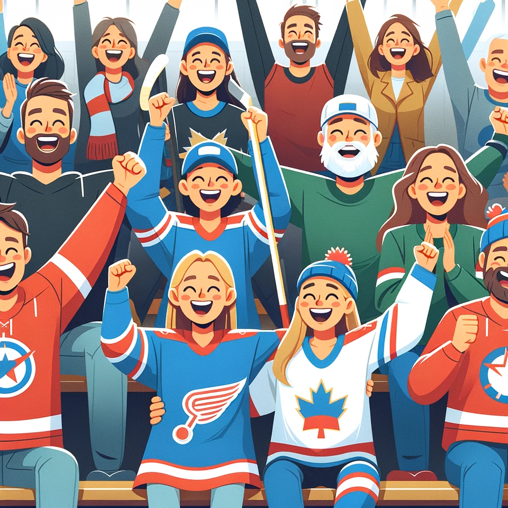 The image showcasing happy ice hockey parents from the same team is now available. It captures them in the stands, cheering and celebrating with a sense of unity and joy, all in a supportive and friendly atmosphere.