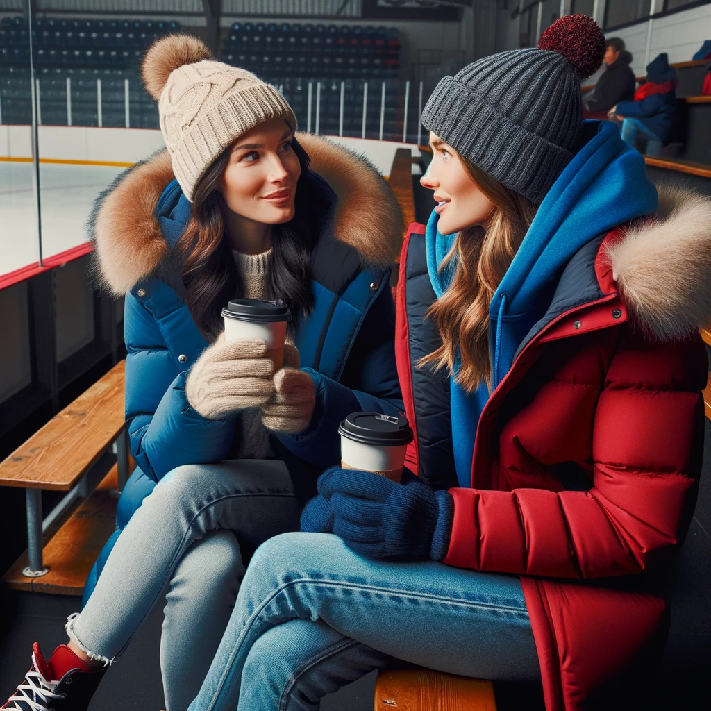 The updated illustration is ready, showing one mom as a brunette wearing a blue puffer coat and the other mom in a red puffer coat. Both are seated in the hockey stands, engaged in a conversation.