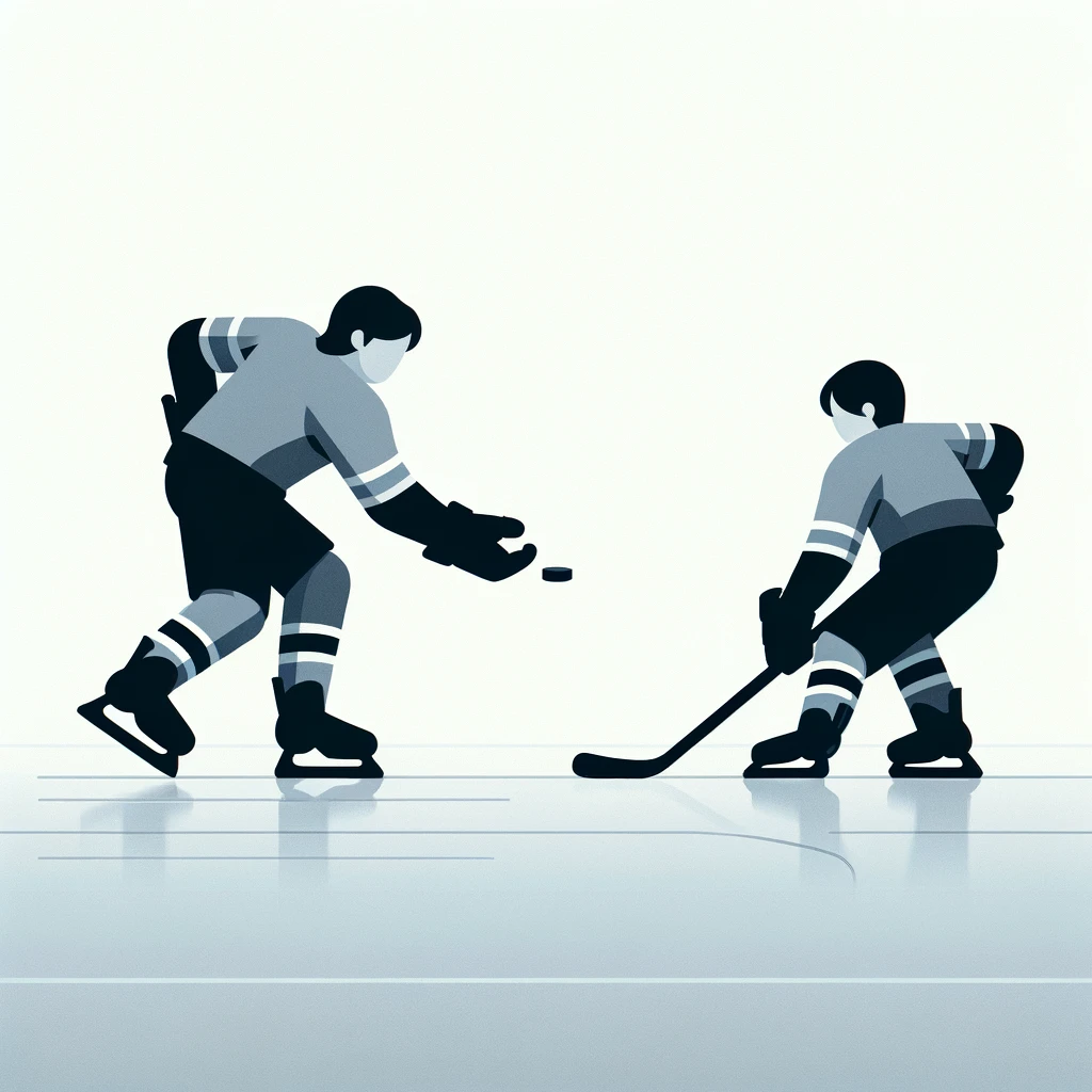 DALL·E 2024 02 18 20.29.34 A minimalist illustration of two youth hockey players on an ice rink where one player is simply hand passing the puck to another teammate. The player