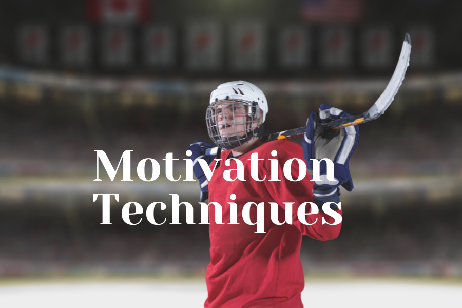 Ice Hockey player with stick, text stating "Motivation Techniques"