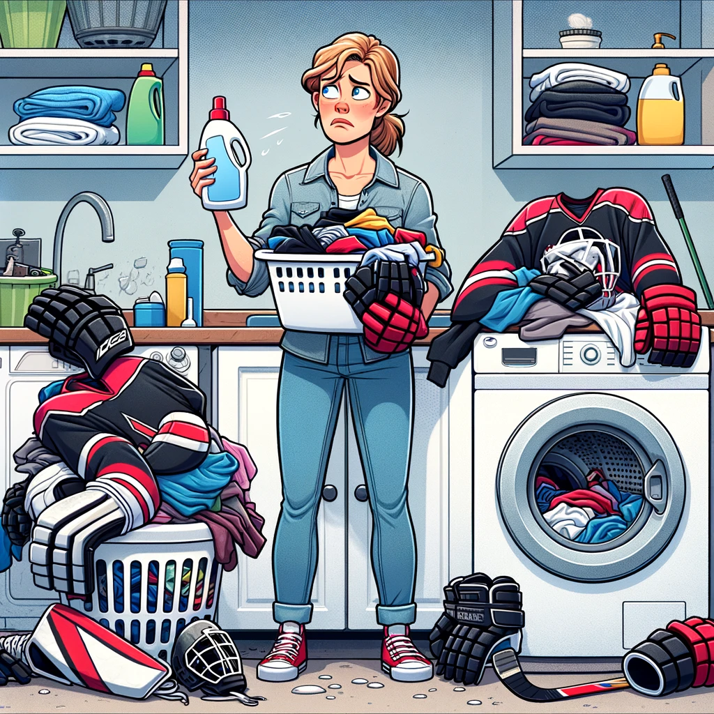 Overwhelmed illustration of mom trying to wash hockey gear in front of washing machine