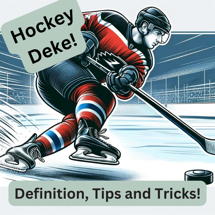 Hockey player illustration with caption "Hockey Deke" and "Definition, Tips and Tricks"