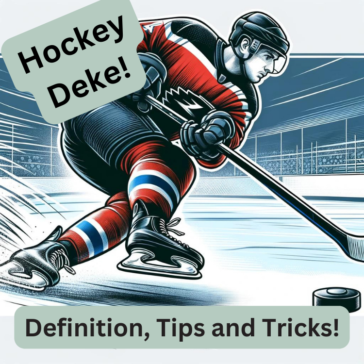 Illustration of a hockey player skating on his side edge and text stating: "Hockey Dekes!"